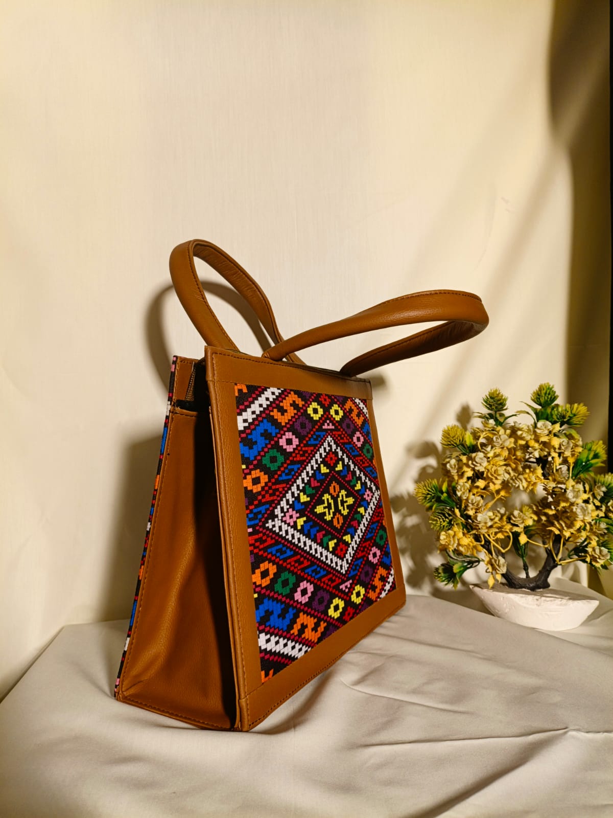 Ethnic Multicolor Fabric Tote Handbag with Brown PU Leather Handles