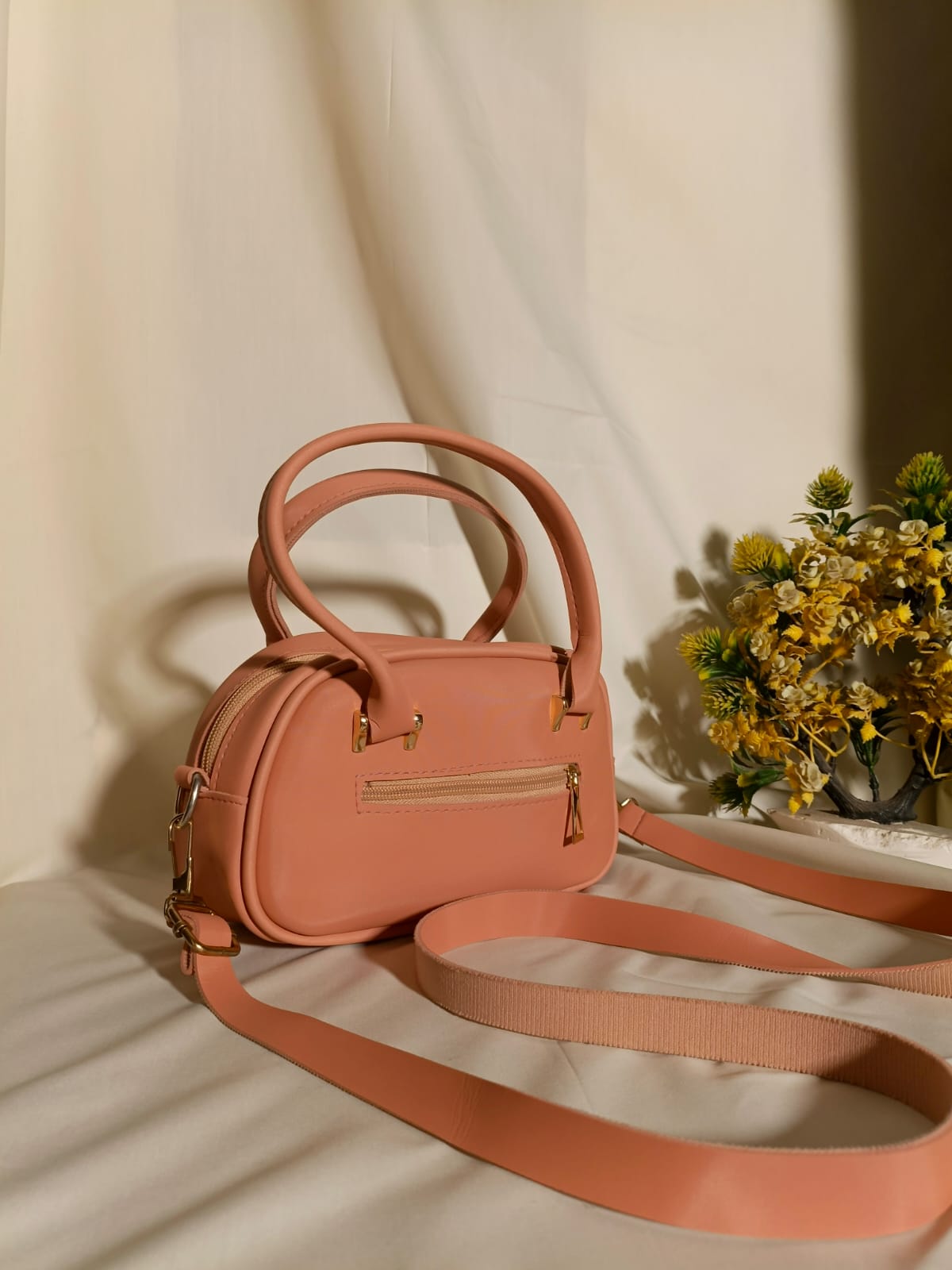 Blush Pink Mini Crossbody Handbag with Top Handle & Gold Hardware