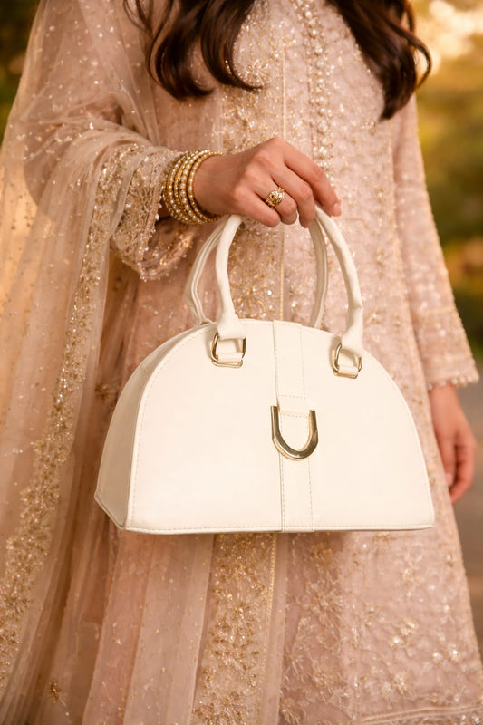 Elegant Ivory Dome Handbag with Gold-Tone Hardware