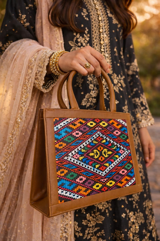 Ethnic Multicolor Fabric Tote Handbag with Brown PU Leather Handles