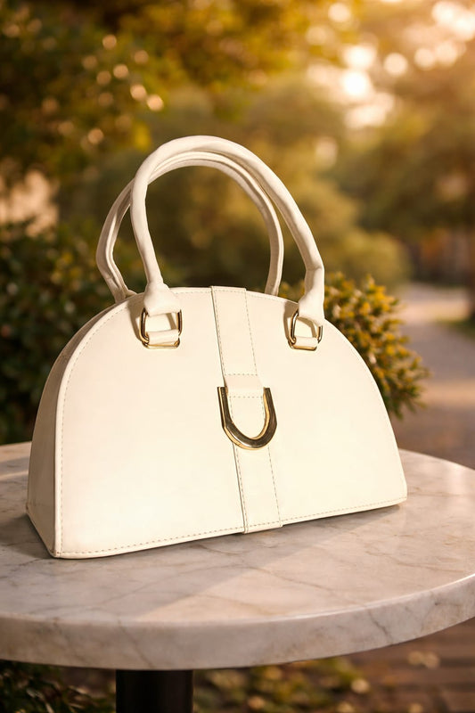 Elegant Ivory Dome Handbag with Gold-Tone Hardware