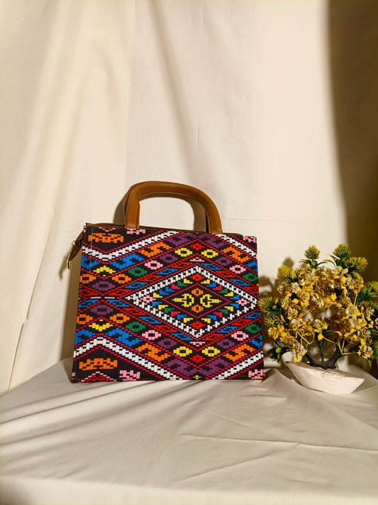Ethnic Multicolor Fabric Tote Handbag with Brown PU Leather Handles